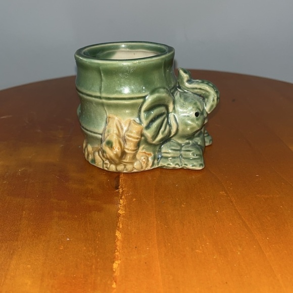 Elephant Planter Small Green Ceramic Trunk Up Big Ears Brown Accents 3 inch - Picture 2 of 6
